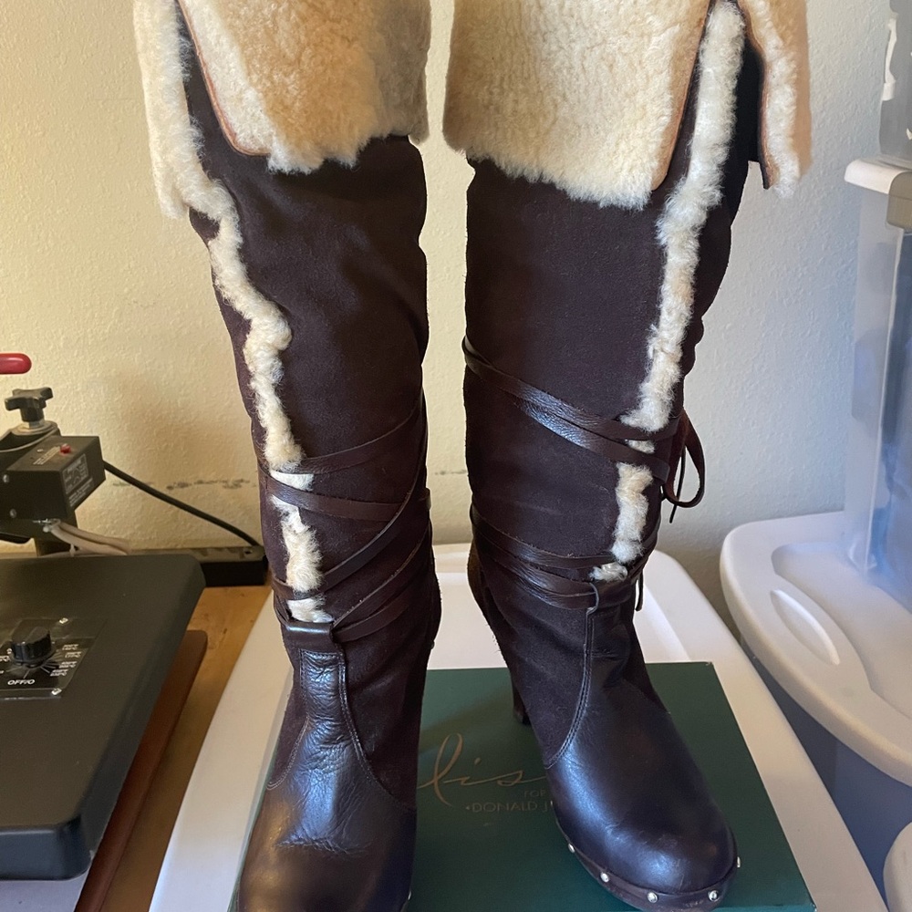 Brown and Cream Winter Boots with Plush Lining and Knee High Design